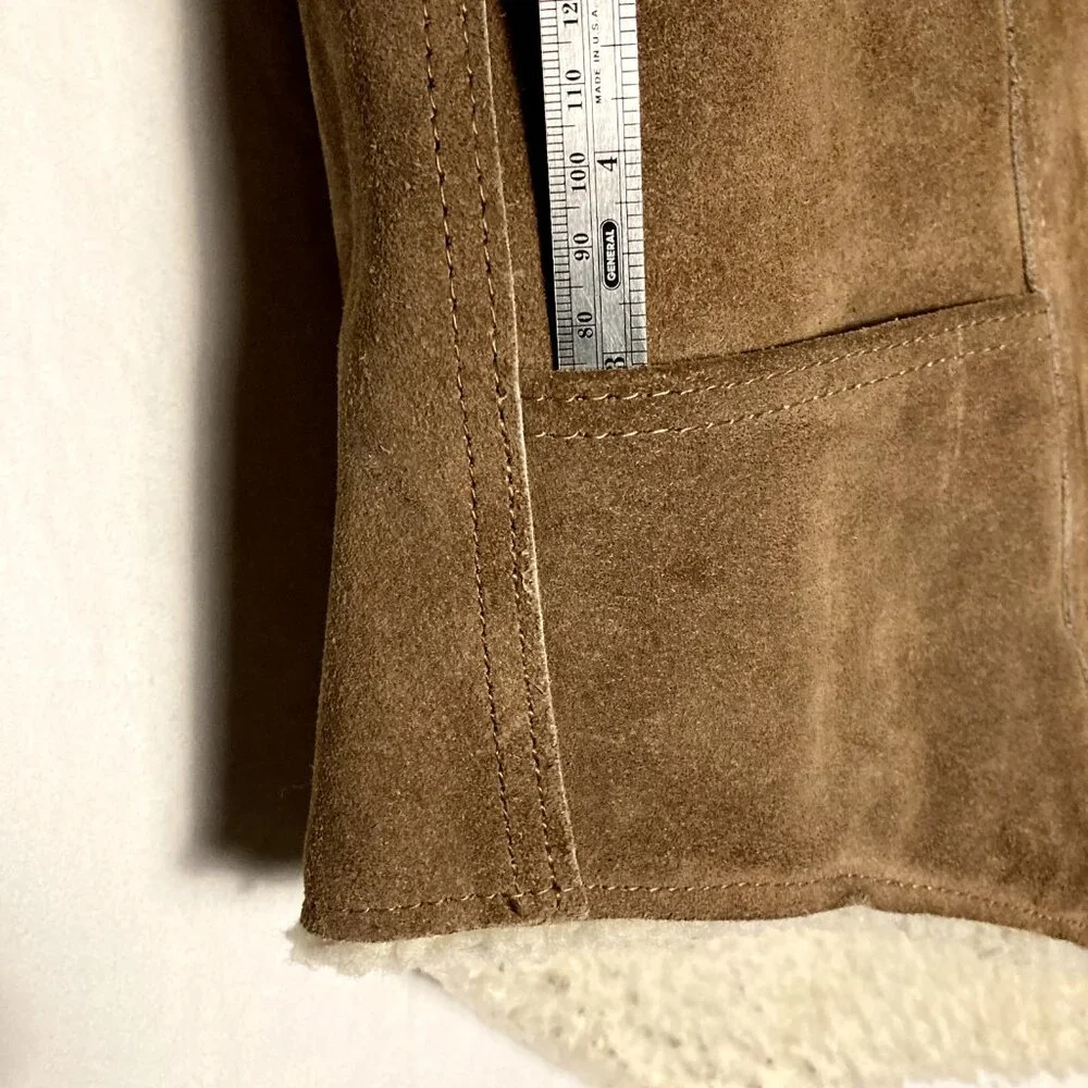 Mens Vintage STEER BRAND Suede Leather Sherpa Vest - Brown Size L Made in USA - Picture 16 of 16
